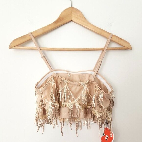 NWT Cider Sequin Tassel Crop Cami Top Size XS Gold Embellished Festival Concert - Picture 2 of 15